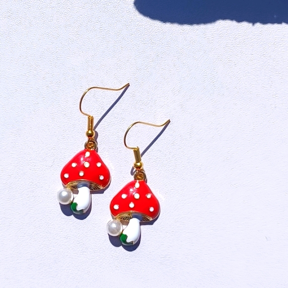 Cute Mushroom With Pearl Oil Painted Handmade Earrings - Picture 2 of 3